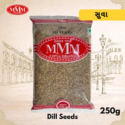 Bag of MVM dill seeds with a vintage cityscape background