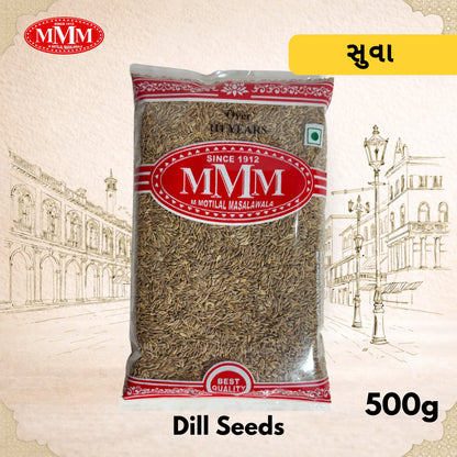 Packaged dill seeds with MMM logo on a decorative background