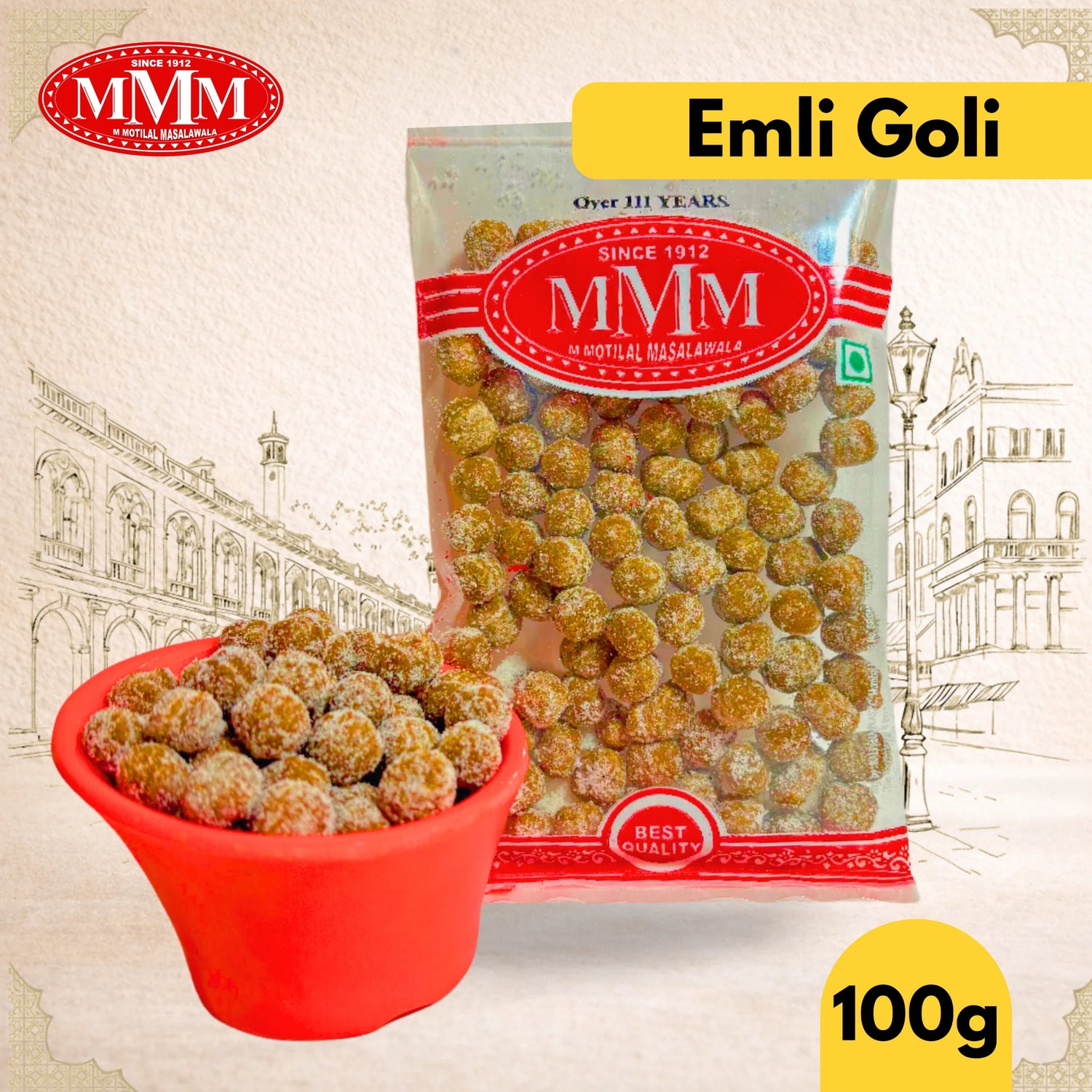 Packaged emli goli with MMM branding and a red bowl filled with snacks on a decorative background.