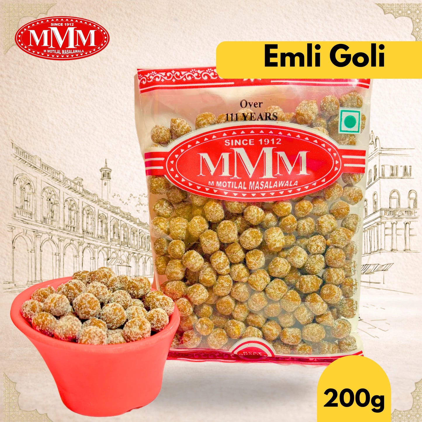 Packaged emli goli with MMM logo and 'Emli Goli' text on a decorative background