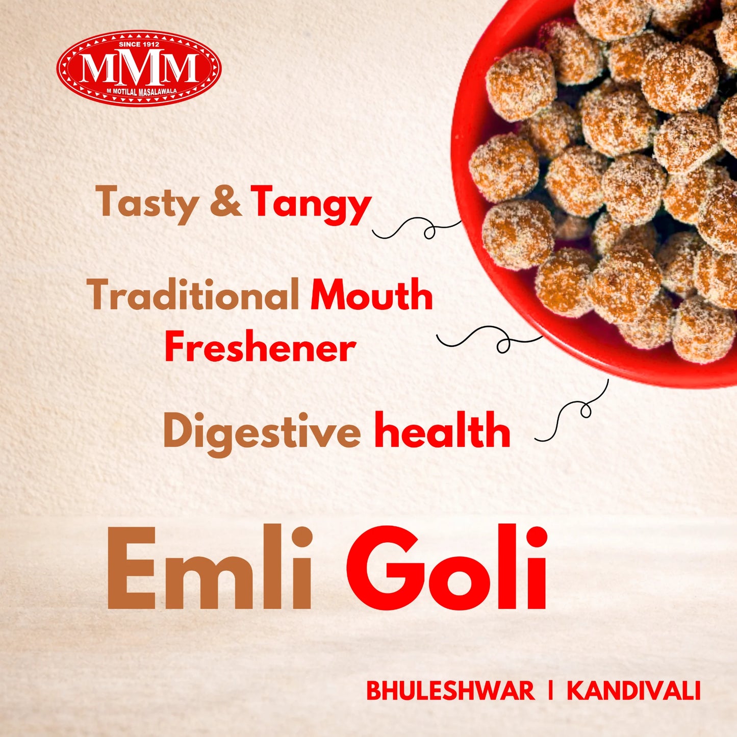 Advertisement for Emli Goli with MMM logo and text on a beige background