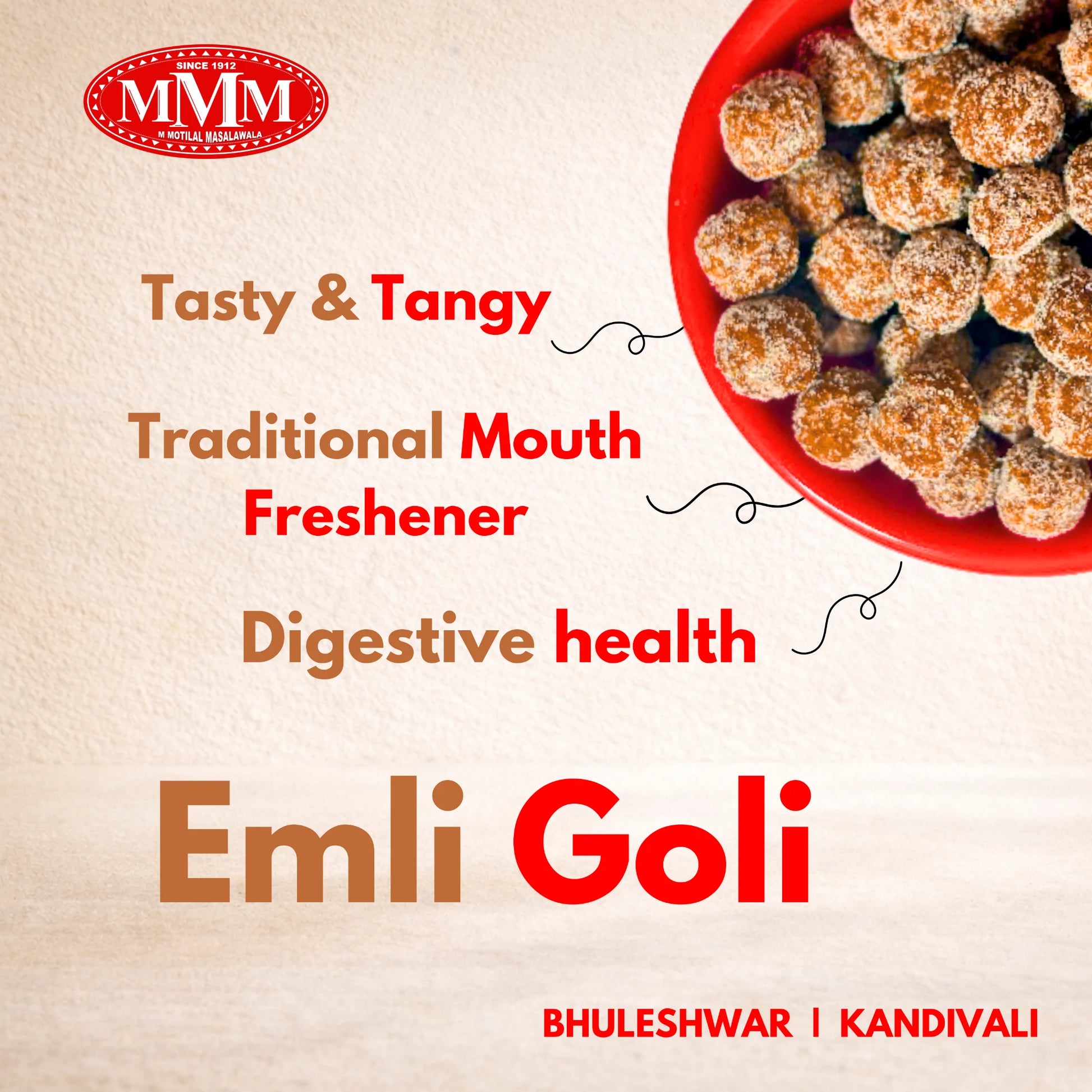 Advertisement for Emli Goli with MMM logo and text on a beige background