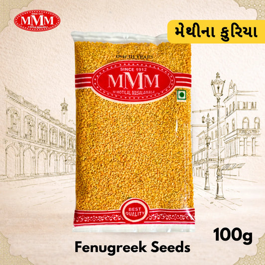 Pack of Fenugreek Seeds with MMM brand logo on a decorative background