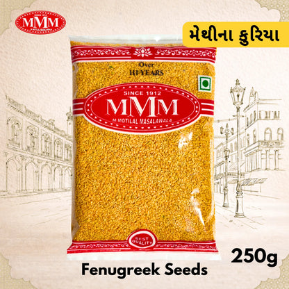 Pack of Fenugreek Seeds with MMM brand logo on a decorative background