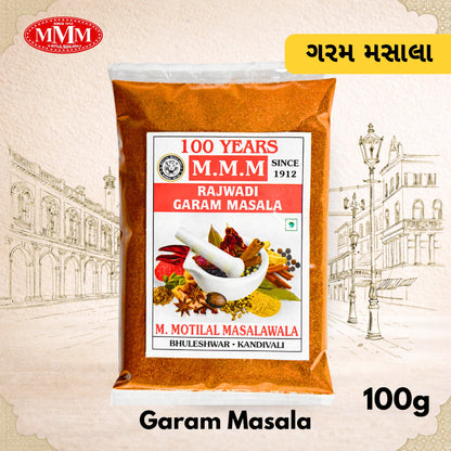 Pack of M.M.M. Rajwadi Garam Masala with brand logo and product details on a decorative background.