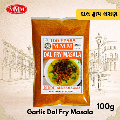 Packaging of M.M.M Garlic Dal Fry Masala with brand logo and product details on a decorative background.