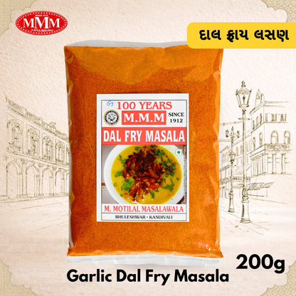 Garlic Dal Fry Masala package with M.M.M logo and text on a decorative background