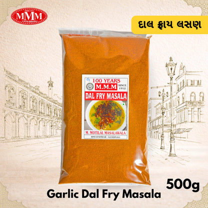 Pack of Garlic Dal Fry Masala with M.M. brand label on a decorative background