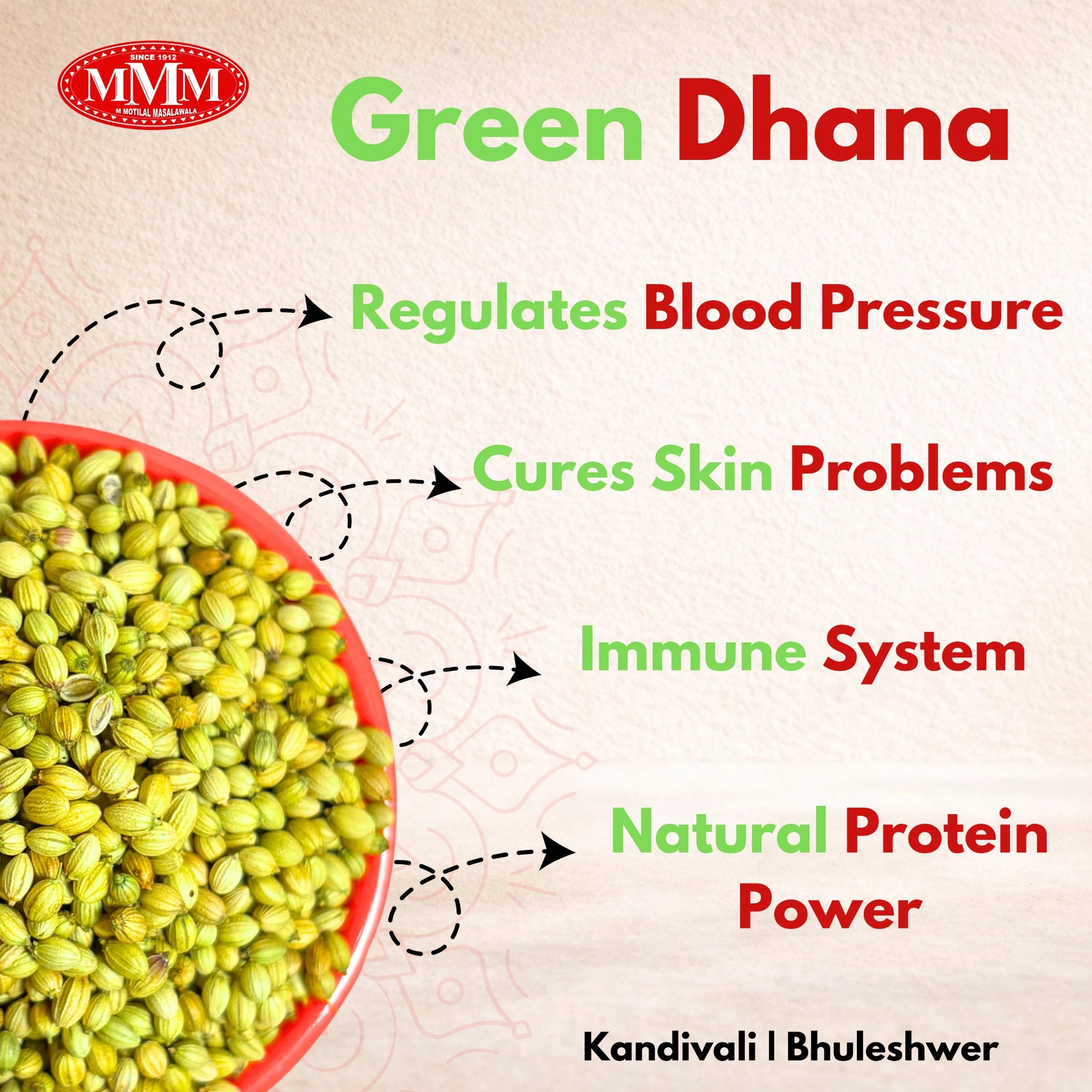Green dhana seeds in a bowl with health benefits listed on a beige background