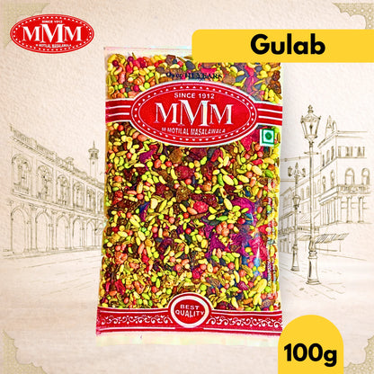 Bag of colorful gulab mukwas with MMM logo on a decorative background