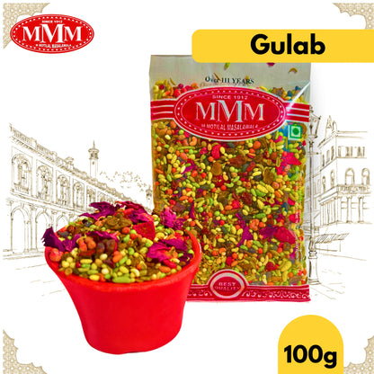 Packaged Gulab mukhwas with a red bowl filled with it, branded as MVM, on a white background.