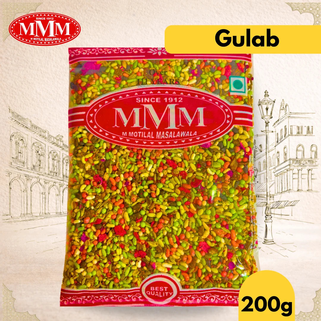 Packaged gulab mukhwas with MVM branding and colorful ingredients on a decorative background