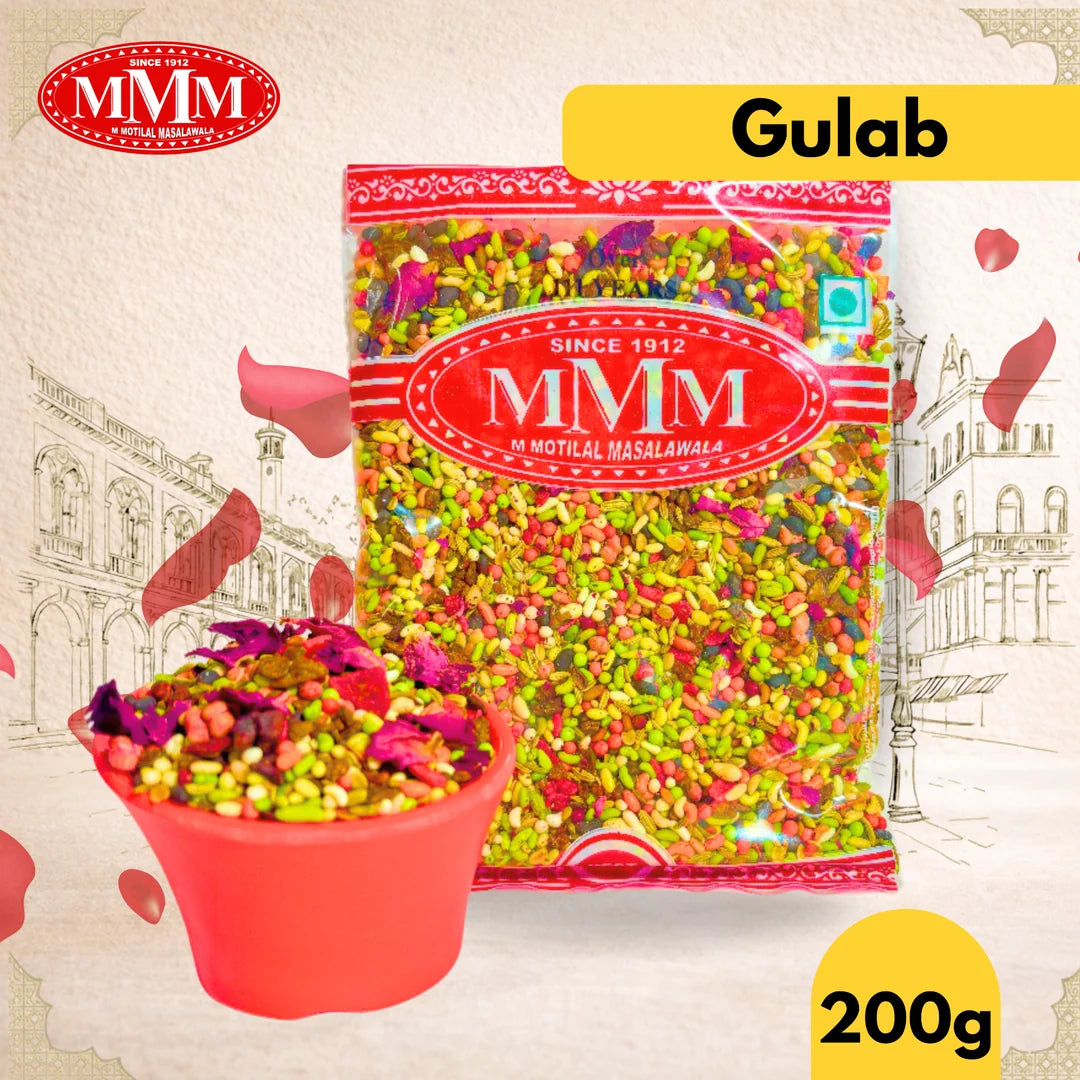 Packaged Gulab with MMM logo and text on a decorative background