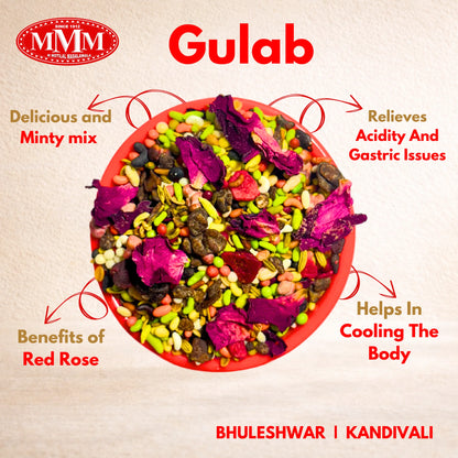 Gulab mukhwas mix with benefits listed on a beige background