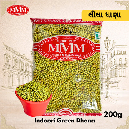 Bag of Indoori Green Dhana with MMM logo on a decorative background