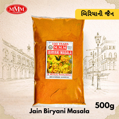 Bag of Jain Biryani Masala with M.M.M logo and text on a decorative background