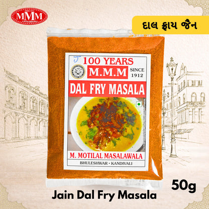 Pack of Jain Dal Fry Masala with M.M.M logo and product details on a decorative background.