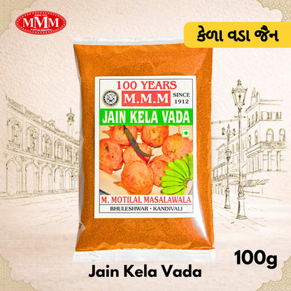Pack of Jain Kela Vada with MMM logo and text on a decorative background