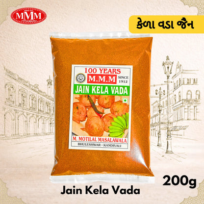 Pack of Jain Kela Vada with M.M.M. branding on a decorative background