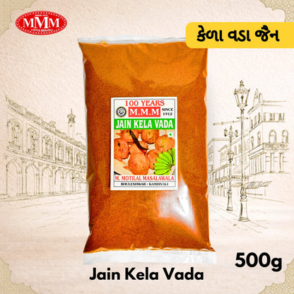 Bag of Jain Kela Vada with MMM logo and text on a decorative background