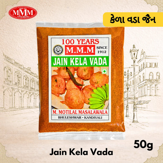 Packaged Jain Kela Vada with M.M.M branding on a decorative background
