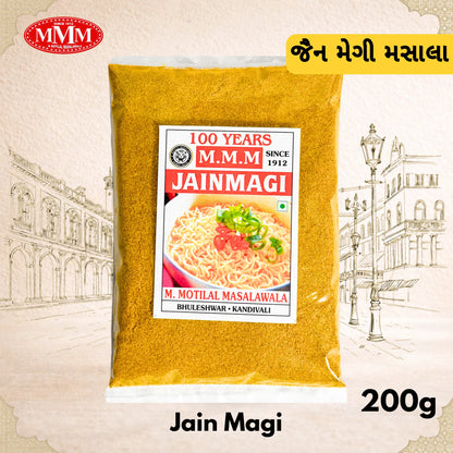 Pack of Jain Magi spice mix with MMM logo and text on a decorative background