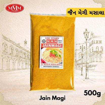 Pack of Jain Magi spices with M.M.M. logo on a decorative background