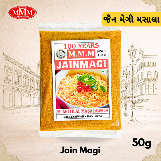MVM Jain Magi spice packet with branding and product details on a decorative background