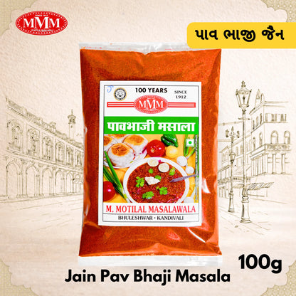 Pack of Jain Pav Bhaji Masala with M. Motilal Masalawala branding on a decorative background.