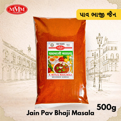 Pack of Jain Pav Bhaji Masala with MMM logo on a decorative background