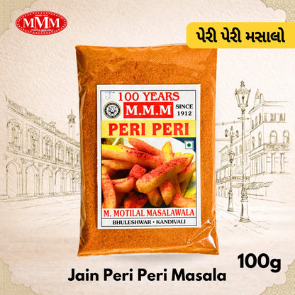 Pack of M.M.M. Peri Peri Masala with branding and product details on a decorative background.