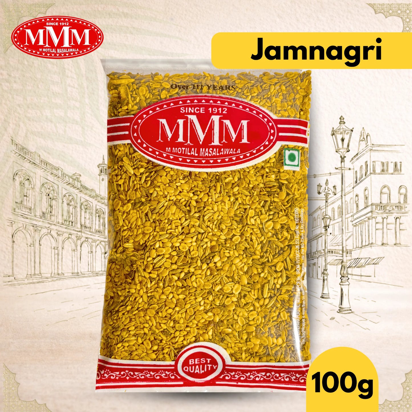 Packaged jamnagri Mukhwas with MMM and Jamnagri branding on a decorative background