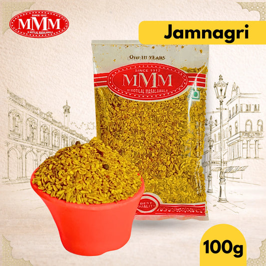 MMM Jamnagri Mukhwas package with a bowl of powder on a decorative background