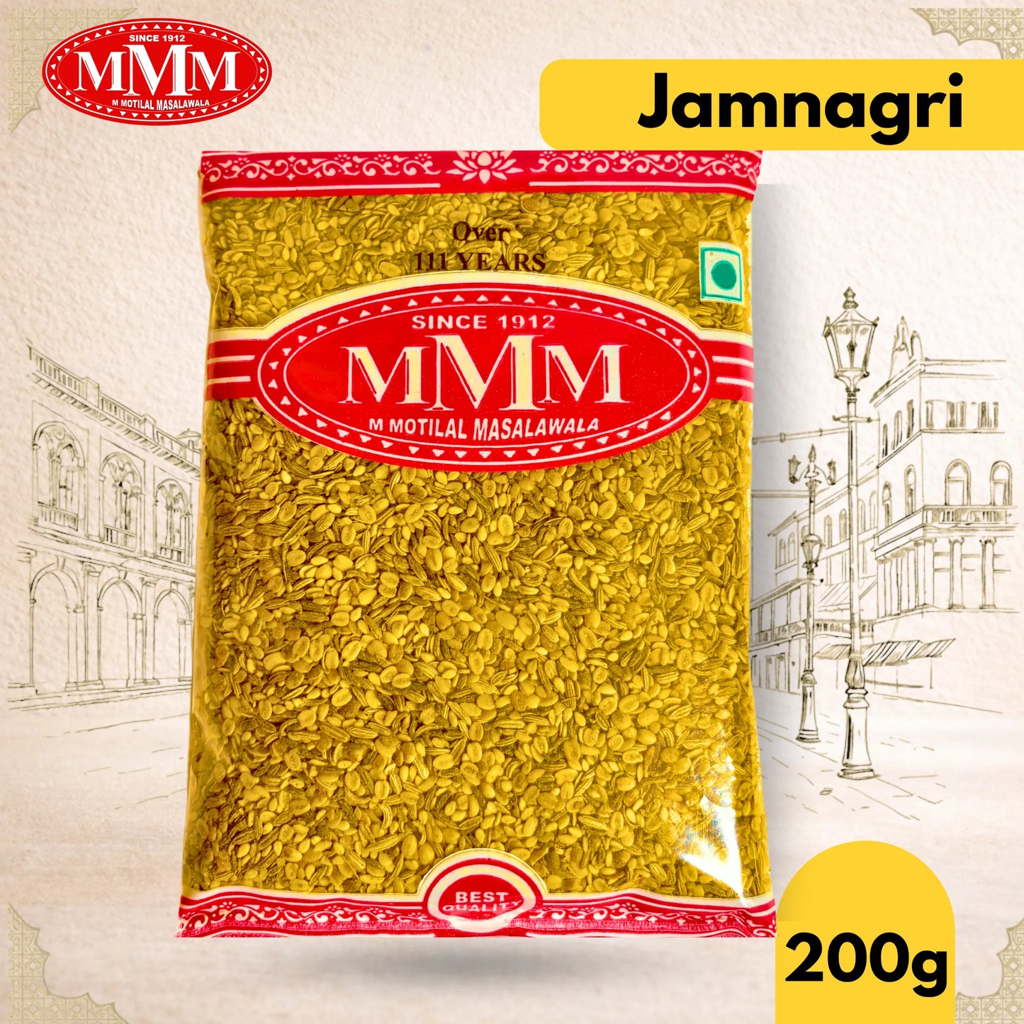 Packaged product with MMM and Jamnagri branding on a decorative background