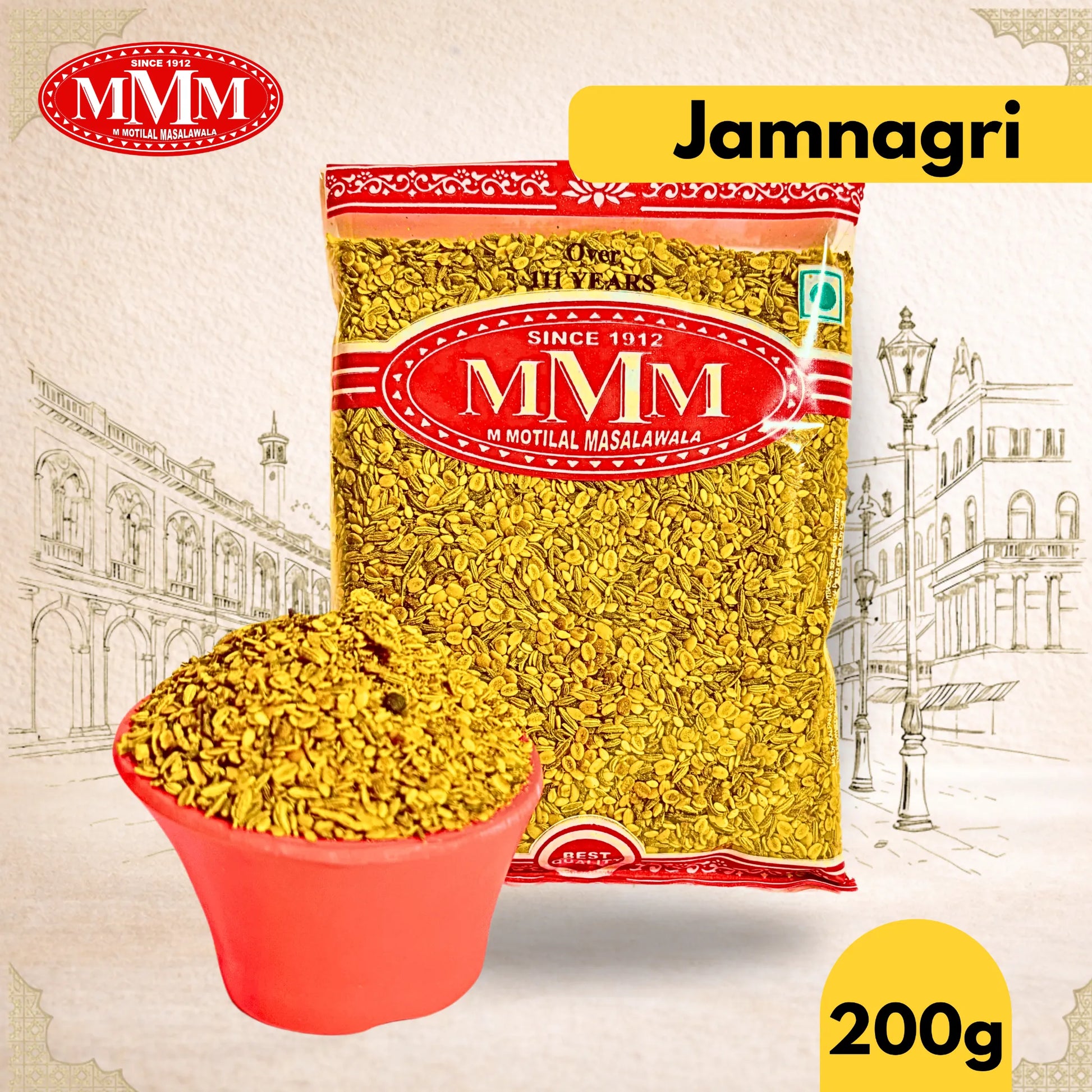 Packaged food product with 'MMM' branding and 'Jamnagri' text on a decorative background.