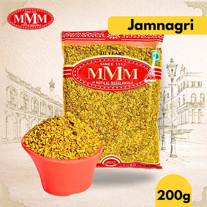 Packaged food product with 'MMM' branding and 'Jamnagri' text on a decorative background.