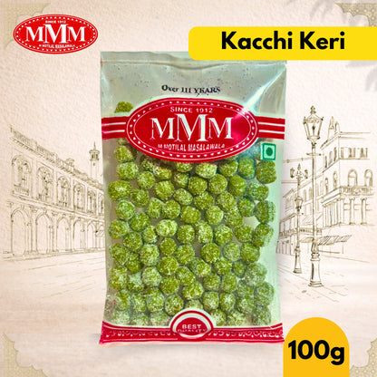 Packaged Kachhi keri with MMM brand logo on a decorative background