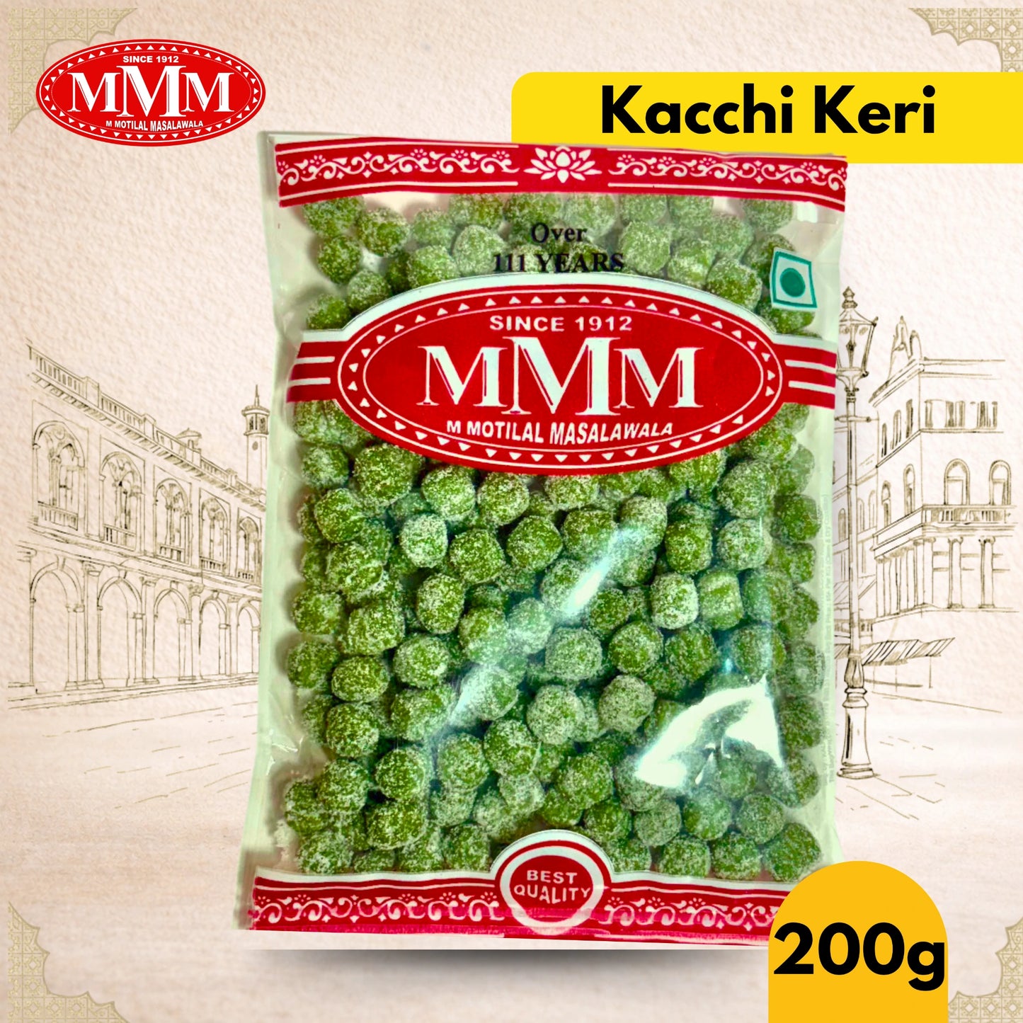 Packaged Kacchi keri with MMM logo on a decorative background