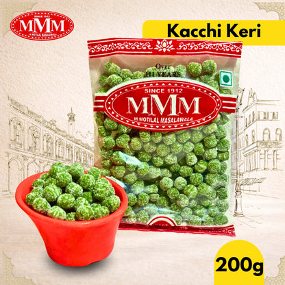 Packaged Kacchi keri with MMM brand label on a decorative background