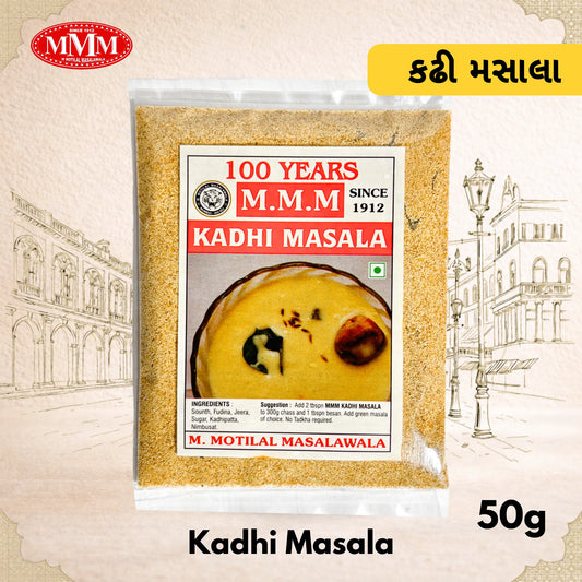 Kadhi Masala packaging with M.M.M logo and building illustrations on a beige background