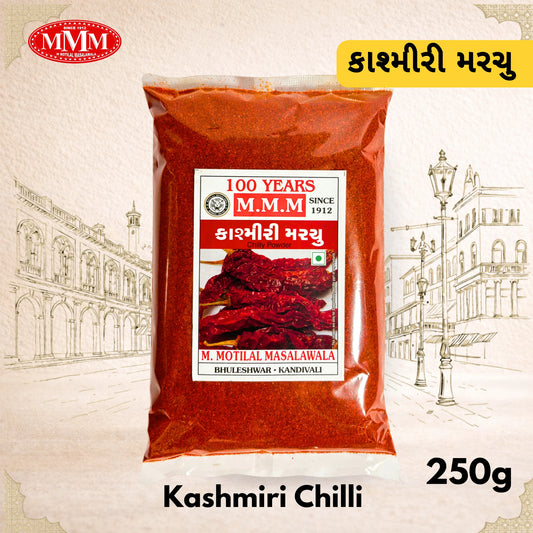 Pack of Kashmiri Chilli with M.M.M brand label on a decorative background