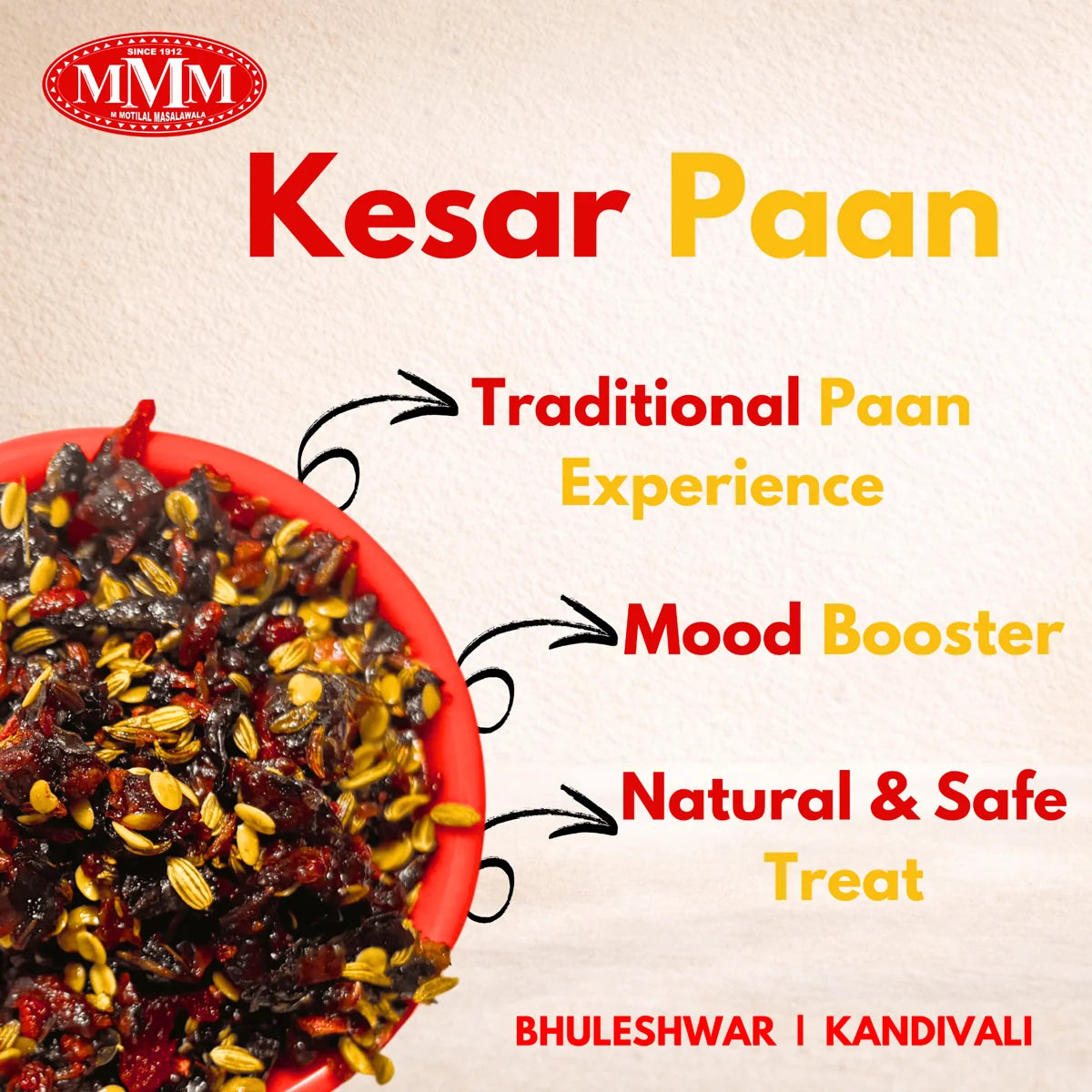 Promotional image of Kesar Paan with text highlighting its benefits on a beige background.
