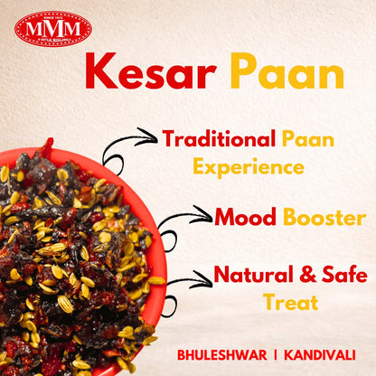Promotional image of Kesar Paan with text highlighting its benefits on a beige background.