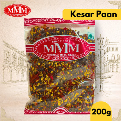 Packaged Kesar Paan with MMM logo and 'Since 1912' text on a decorative background