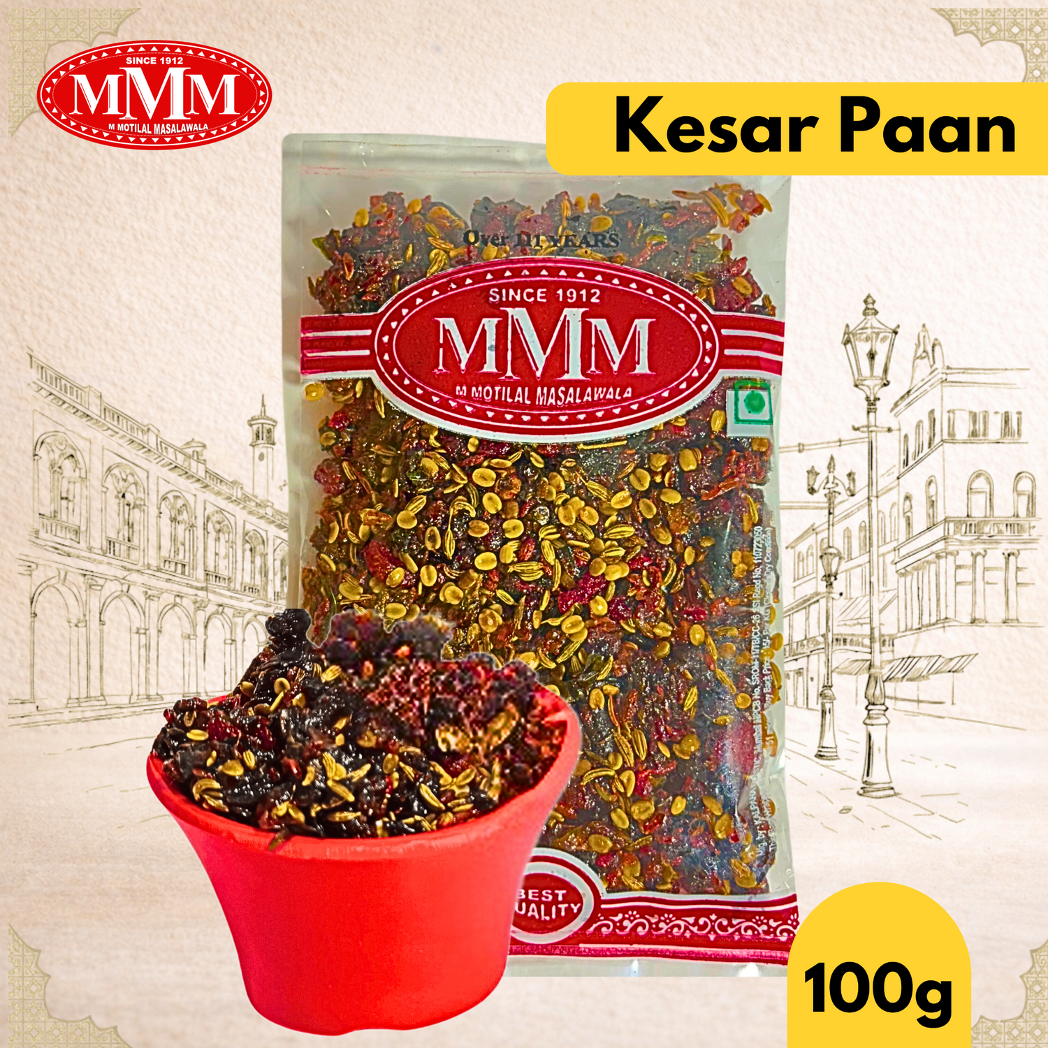 Packaged Kesar Paan with MMM logo and 100g label on a decorative background