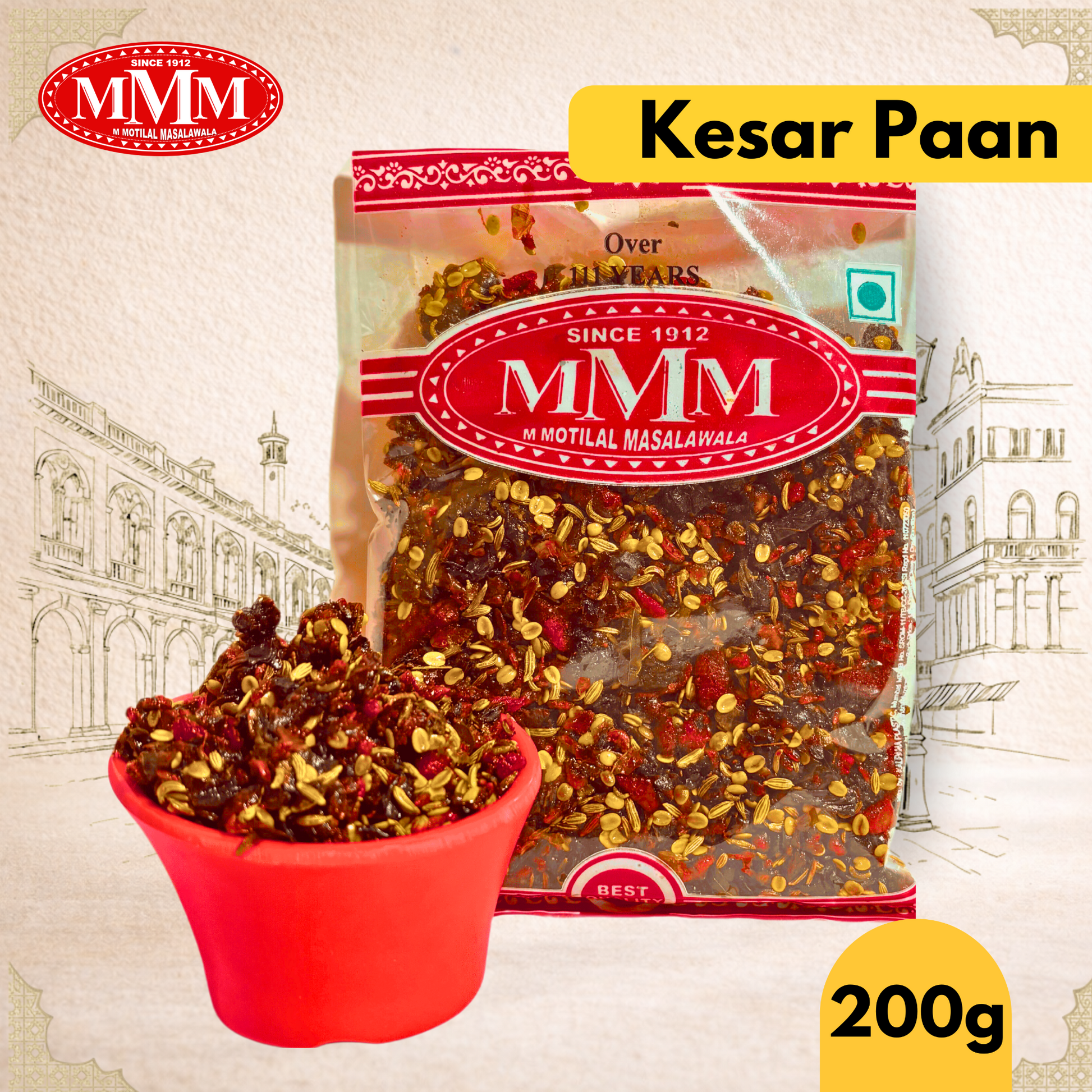 Packaged Kesar Paan with MMM logo and '200g' label on a decorative background