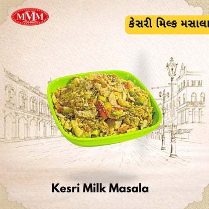 Green bowl of Kesri Milk Masala with MMM logo and text in the background