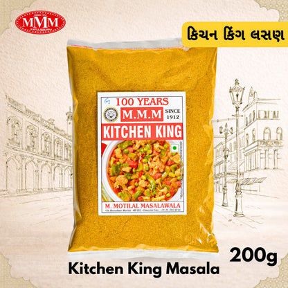 Pack of Kitchen King Masala with M.M.M logo and text on a decorative background