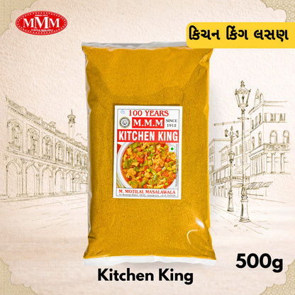 Yellow package of M.M.M Kitchen King with a cityscape background