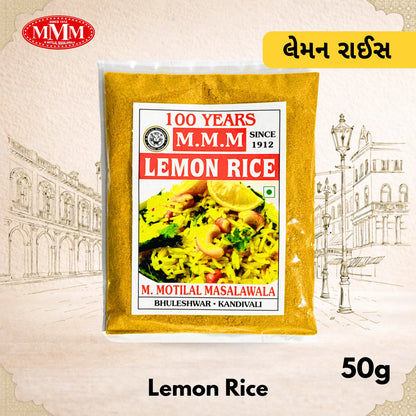 Pack of M.M.M Lemon Rice with branding and product details on a decorative background